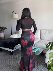 Tyla Gomez 2pcs Women's Set: Elegant Party Solid Color Mermaid Skirt And Floral Printed Skirt Fall Cloth For Women - Multicolor - View 2