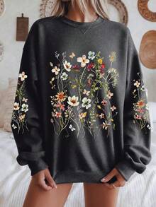 EMERY ROSE Plus Size Women's Vintage Wildflower Sweatshirts, Bohemian Crew Neck Sweatshirts, Soft Plant Floral Pullovers, Fairytale Hippie Sweatshirts, - Grey - View 1