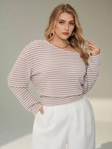 Auralis 新款休闲不对称肩部条纹宽松上衣，修身腰部，加大码，杏色短款弹力T恤 - 彩色 - 查看 2