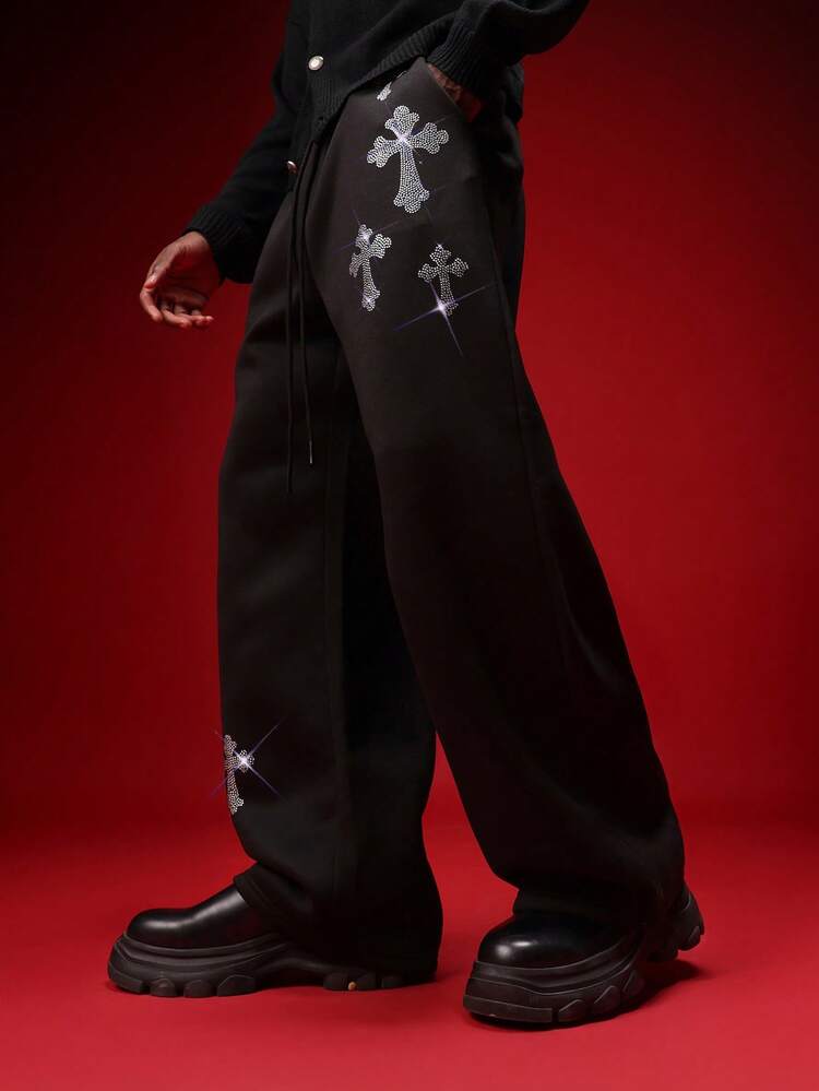 Baggy Joggers With Rhinestone Crosses