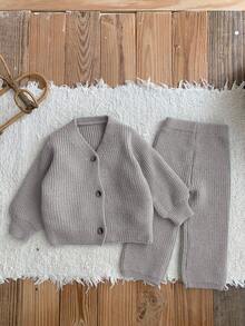 SHEIN LMoss Kids LMoss 女婴两件套开衫和阔腿裤针织装，适合秋冬季户外休闲场合 - 灰色 - 查看 3