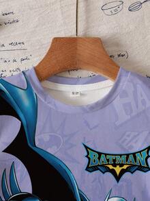 BATMAN X SHEIN 男童夏季休闲字母与卡通人物图案圆领短袖T恤