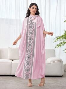 SHEIN Najma 女士拼接优雅领结宽松奢华连衣裙 - 淺粉色 - 查看 4