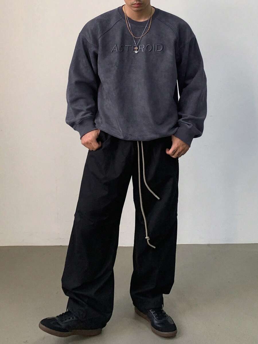 DAZY Men's Letter Embroidered Suede Fleece Pullover Sweatshirt, Autumn - Navy Blue - View 1