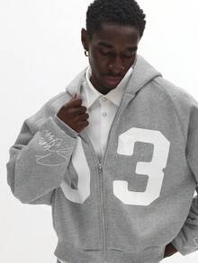 SUMWON Number 03 Full Zip Hoodie With Script Detail Long Sleeve Hood Pullover Casual Streetwear - Grey - View 5