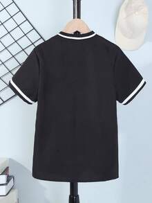 SHEIN 青少年男孩撞色短袖休闲纽扣衬衫，适合日常穿着 - 黑色 - 查看 2