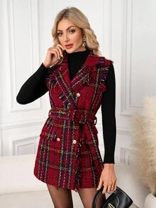 Ellevyn 优雅红色圣诞外套 女士优雅百搭经典圣诞新年红色格子大衣背心，秋冬经典百搭带衬里外套 情人节优雅保暖：红色格子背心