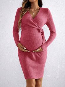 Maternity Solid Color Crossover Wrap Front Long Sleeve Ribbed Fitted Dress - Watermelon Pink - View 7