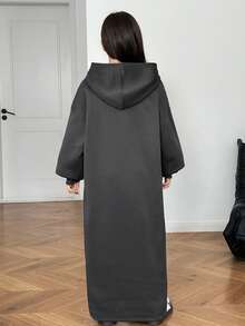 Tween Girl Thermal Lined Loose Casual Knit Letter Embroidered Hoodie Dress - Grey - View 3