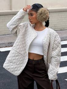 SHEIN EZwear 女士休闲波尔卡圆点印花夹克，秋冬 - 黑與白 - 查看 1