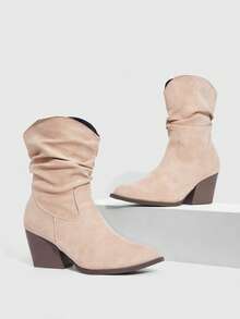 Daringsoles Women's Round Toe Comfortable Chunky Heel Short Boots, Wrinkled Texture, Versatile - Beige - View 1