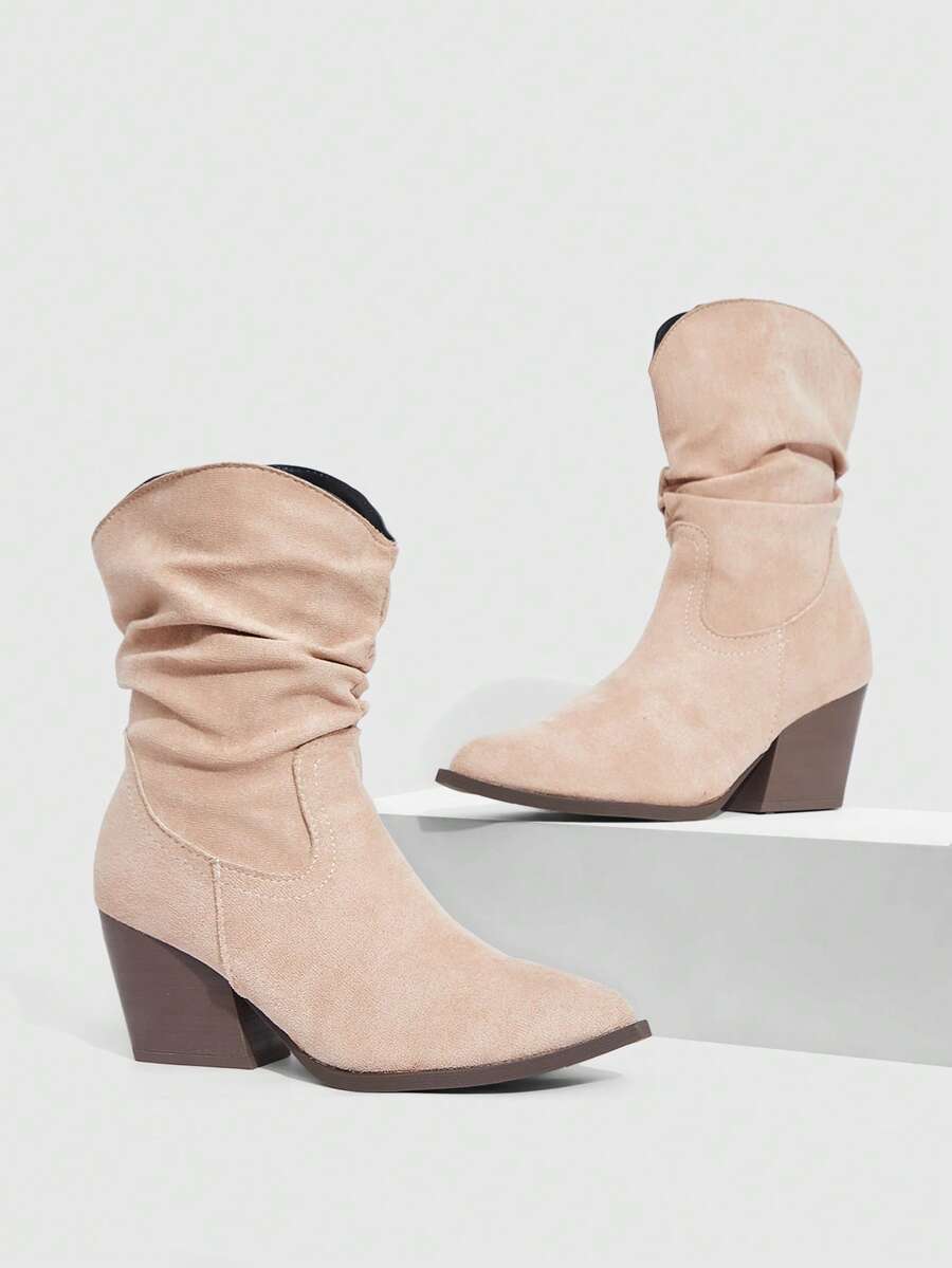 Daringsoles Women's Round Toe Comfortable Chunky Heel Short Boots, Wrinkled Texture, Versatile - Beige - View 1