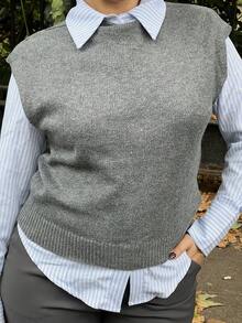 NegzBox Elegant High Neck Loose Casual Versatile Sleeveless Knit Sweater Vest In Fall/Winter - Dark Grey - View 3