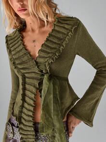 SHEIN TRNDY 1 Áo khoác cardigan cổ chữ V màu xanh ô liu dành cho nữ, thiết kế đa năng độc đáo với dây buộc chéo ở eo, tay chuông, thường ngày cho mùa thu/đông - Màu xanh Ô liu - Xem 1