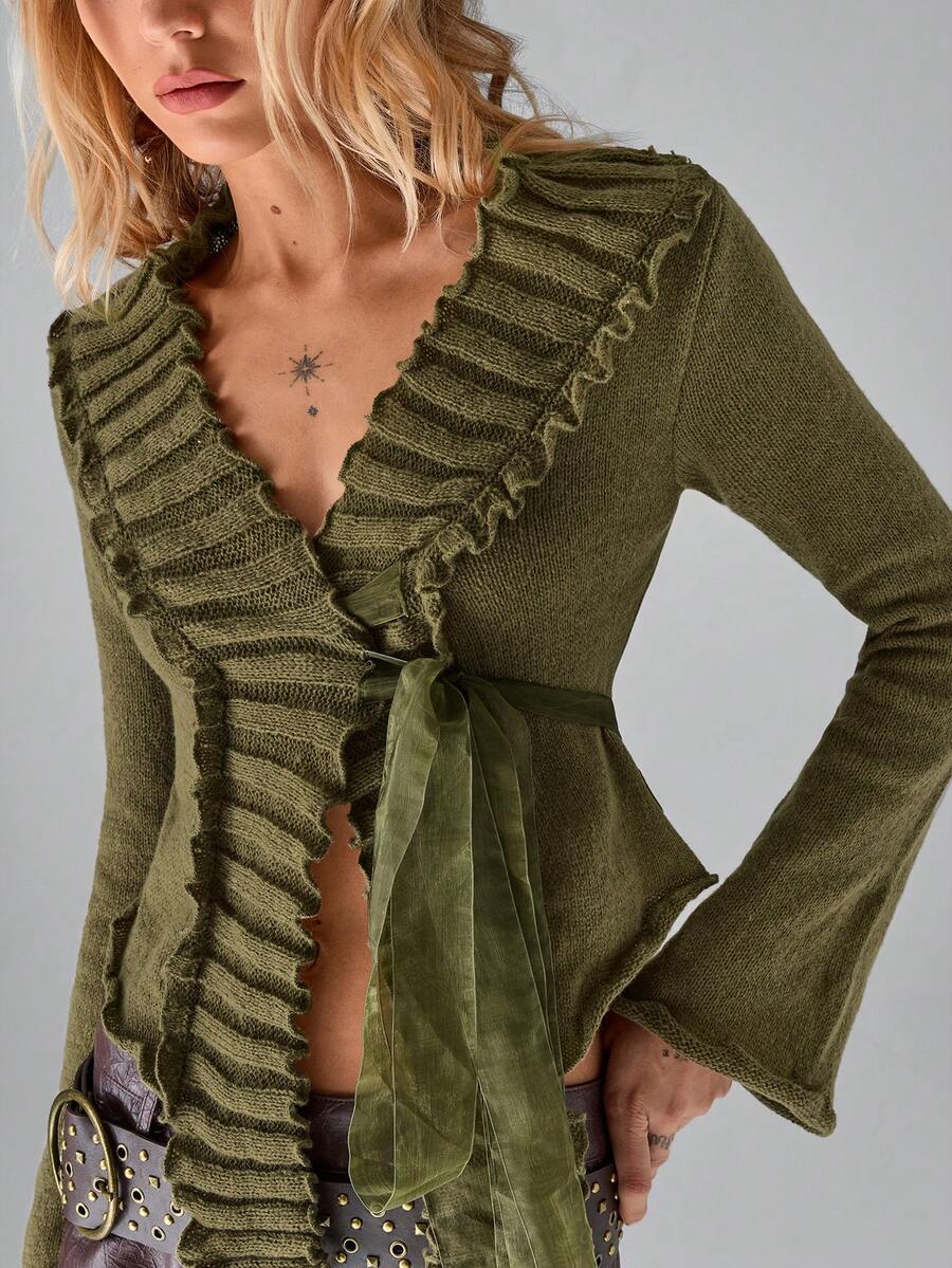 SHEIN TRNDY 1 Áo khoác cardigan cổ chữ V màu xanh ô liu dành cho nữ, thiết kế đa năng độc đáo với dây buộc chéo ở eo, tay chuông, thường ngày cho mùa thu/đông - Màu xanh Ô liu - Xem 1