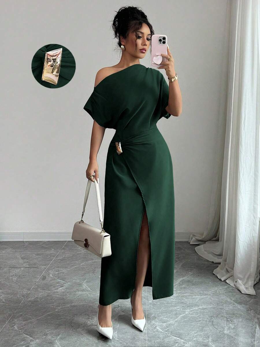 Elenzga Women's Elegant Solid Color Asymmetrical Shoulder Long Dress - Dark Green - View 1