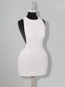 SHEIN ICON Váy ngắn ôm sát hở lưng họa tiết dệt kim màu trắng dự tiệc Giáng sinh cho nữ, mùa hè - trắng - Xem 6