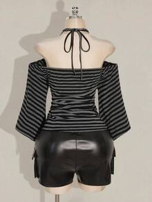 SHEIN ICON 大码女式 Y2K 复古条纹露肩喇叭袖吊带时尚 T 恤，前卫街头风，休闲喇叭袖露肩条纹针织上衣 - 彩色 - 查看 3