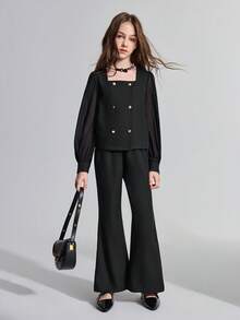 Ontre Ensemble chemise à double boutonnage en chiffon patchwork tressé et pantalon évasé pour préadolescentes - Noir - Voir 3