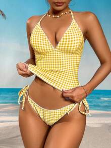 Swim Mod 甜樱桃格子比基尼套装 - 鵝黃色 - 查看 3