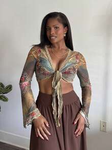 Tyla Gomez Y2K Grunge Hippie Floral Print Tie Front Mesh Top - Multicolor - View 5