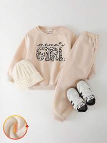 THE HAPPY LOOK 2pcs Young Girl Letter Print Knit Soft Crew Neck Long Sleeve Sweatshirt And Elastic Waist Pants Set,Autumn,School,Back-To-School Winter Comfy Outfit - Khaki - View 6