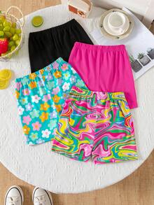SHEIN Bộ 4 quần short in họa tiết sóng nhuộm hoa đơn sắc thường ngày cho bé gái - Nhiều màu - Xem 2