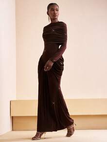 Zivah Elegant Dark Brown Autumn Long Sleeve Dress,Shiny Fabric Versatile Versatile For Dining,Wedding Guest,Music Festival,Birthday Party,Vintage Y2K Style - Brown - View 5