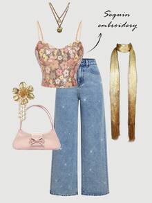 SHEIN MOD 华丽的宫廷风格亮片刺绣梅花吊带背心——完美适用于约会、派对、舞会、节日和生日庆典，充满90年代春日花卉美学，也适合游乐园、冬季、圣诞节、新年、感恩节等场合。亮片上衣，亮片上衣 - 彩色 - 查看 4