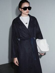 SHEIN Luminelle 秋冬经典常规版型风衣。银色孔眼抽绳腰带设计 - 黑色 - 查看 5