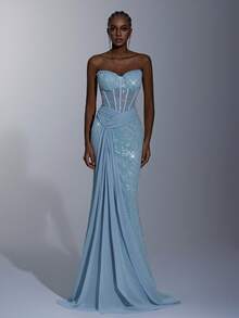 Elitara Elegant, Romantic, Sexy, Minimalist, Greyish Blue, Stretchy Sequin Fabric, Chiffon Patchwork, Pleated Decor, Sequins Decor, Long Sleeve, Front Slit, Fish Tail Hem, Backless Tie, Fashionable, Holiday, Vacation, Birthday Party, Wedding, Formal Dinner Dress