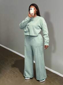 Slaydiva 新款复活节西部风女装休闲街头辣妹风雪蓝色水洗绿长袖上衣和阔腿裤两件套 - 綠色 - 查看 8