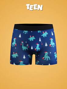 Quần lót boxer họa tiết khủng long và cây thông Noel dễ thương, đồ lót thoải mái cho thanh thiếu niên - Màu xanh hải quân - Xem 1