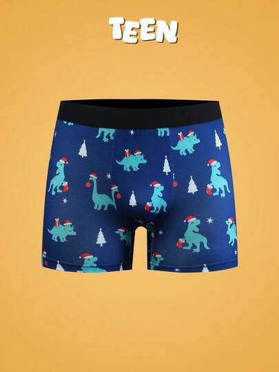 圣诞恐龙和圣诞树图案可爱平角内裤，适合青少年的舒适内衣