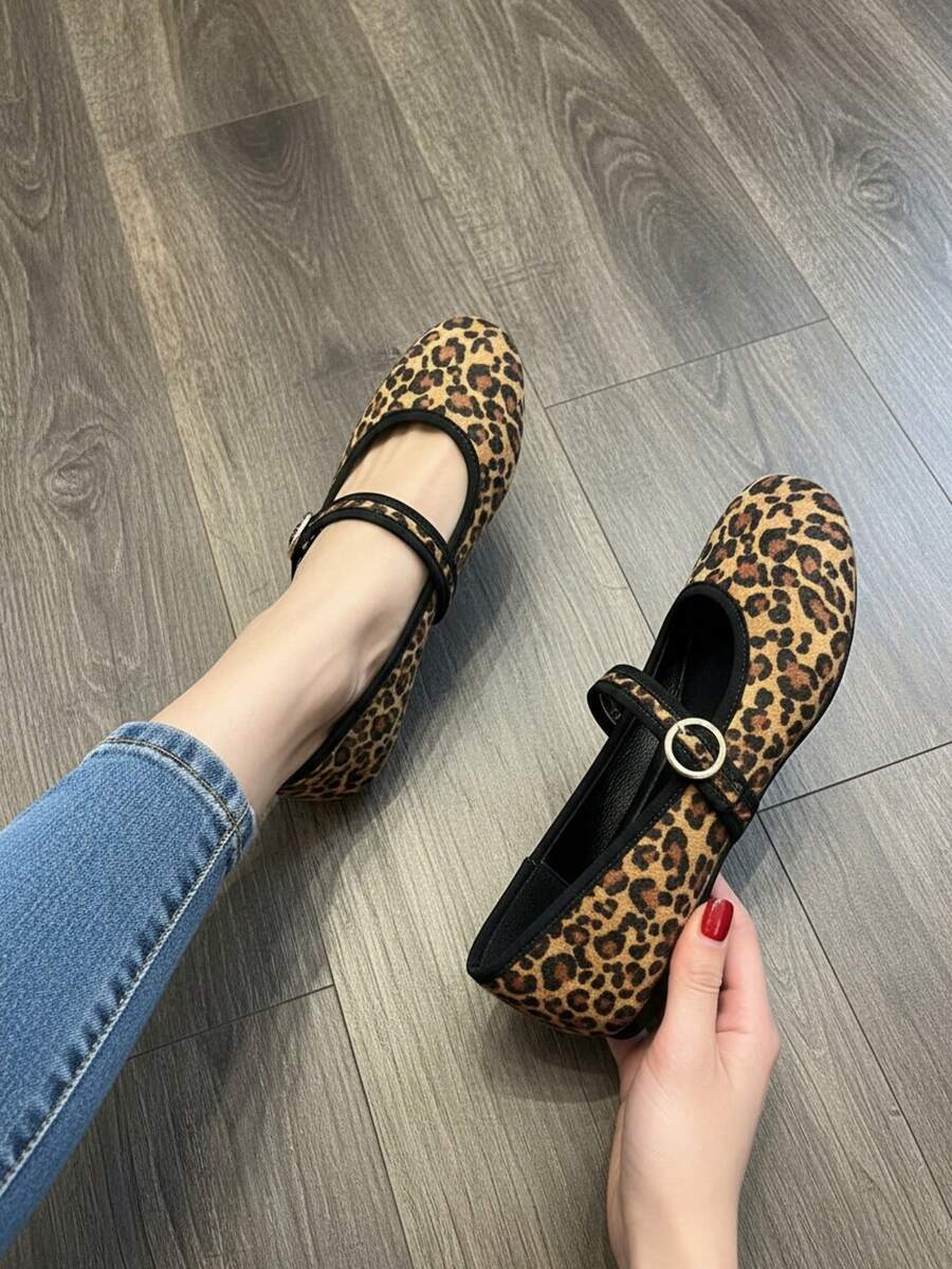 Bailarina de mujer estampado leopardo punta redonda correa plana estilo salvaje para oficina diario casual - Negro - Ver 1