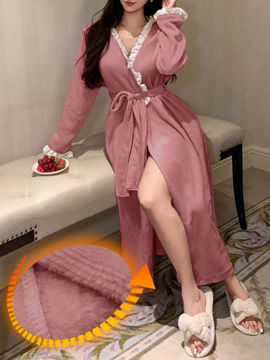 DAZY Women's Plush Contrast Color Ruffle Trim Fluffy Cozy Bathrobe, Winter - Dusty Pink - View 1