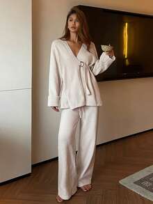 DAZY Women's Minimalist Half Fleece Knit Top & Pants Design Cozy Pajama Set, Winter - White - View 5