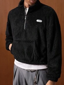 Manfinity VCAY Men's Solid Color Minimalist Casual Zip-Up Pullover Sweatshirt Sweatshirt - Black - View 6