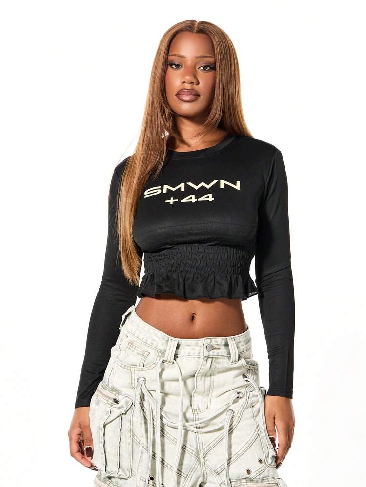 SUMWON WOMEN Long Sleeve Graphic Cropped Top With Cinched Waist