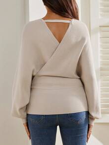 SHEIN 孕妇休闲心形刺绣蝙蝠袖毛衣，秋冬 - 卡其色 - 查看 2