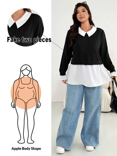 SHEIN Essnce 大码女装秋冬时尚休闲宽松舒适日常黑色磨毛长袖T恤两用上衣，秋季、工作场合皆宜，简约风格