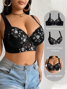 1 pièce Soutien-gorge en dentelle noire grande taille avec armature, bretelles larges confortables, qui soulève et met en valeur la poitrine - Noir - Voir 1