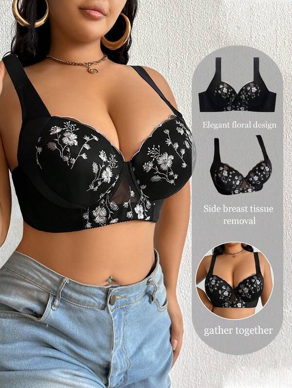 DesireSculpt Plus Size Black Lace Bra With Underwire, Comfortable Wide Strap, Lift And Enhance Bust, 1pc