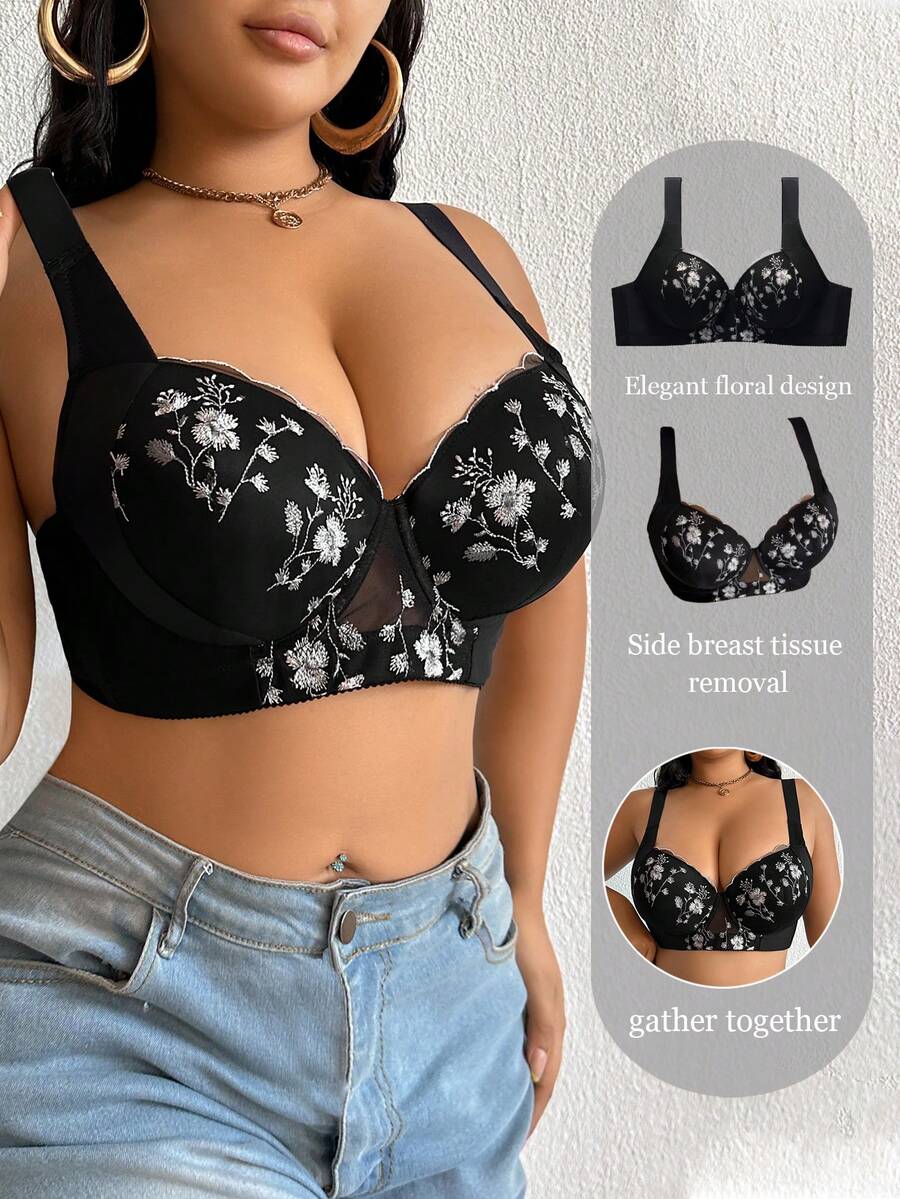 1 pièce Soutien-gorge en dentelle noire grande taille avec armature, bretelles larges confortables, qui soulève et met en valeur la poitrine - Noir - Voir 1