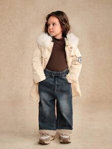 SHEIN Chaqueta con capucha forrada térmicamente de estilo casual para niña, versátil para el invierno - Caqui - Ver 4