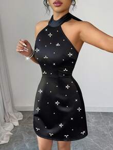 Rafferiza 女式露背蝴蝶结系带肩部闪亮水钻装饰性感优雅派对鸡尾酒迷你连衣裙，适合约会、节日、圣诞节、情人节 - 黑色 - 查看 4