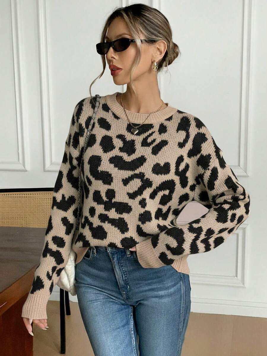 Serisse Suéter de cuello redondo de manga larga con estampado total casual para mujer en otoño/invierno - Negro - Ver 1