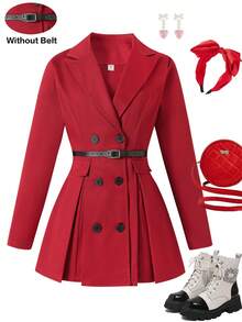 SHEIN 新款优雅法式红色长袖西装连衣裙，正式场合设计感百褶连衣裙，别致女神翻领双排扣长袖连衣裙 - 酒紅色 - 查看 3