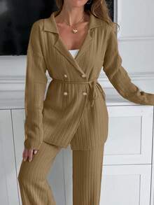 EURMUSE Handmade Stitch Embroidery Sweater And Pant Knit Set - Camel - View 3