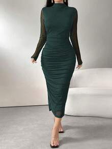 Modelyn 女式纯色简约日常长袖网眼连衣裙超长款女式长款晚礼服 - 墨綠色 - 查看 5
